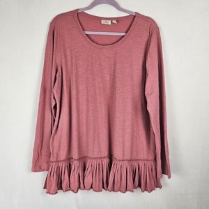 LOGO By Lori Goldstein Pink Ruffle Cottagecore Tunic Long Sleeve Size XL